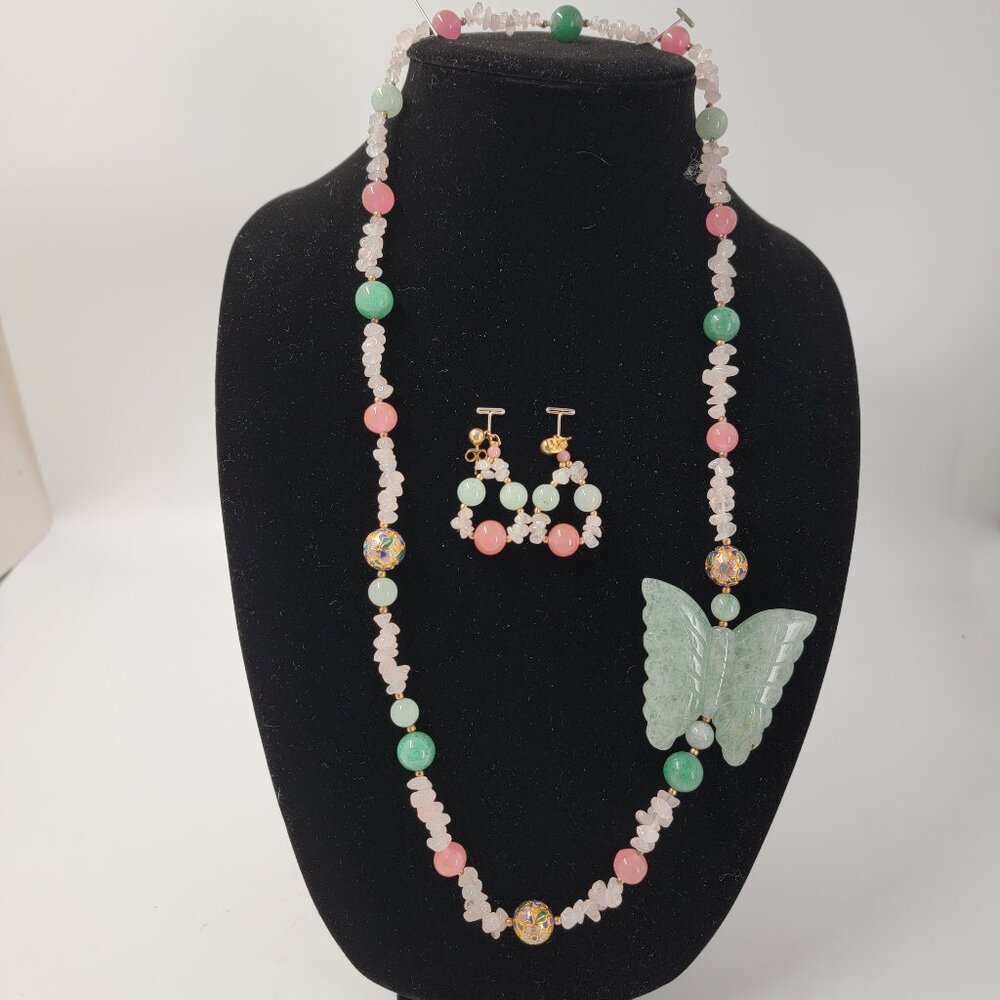 Jade & Coral Butterfly Vintage Necklace & Earrings Gold Cloisonne Beads
